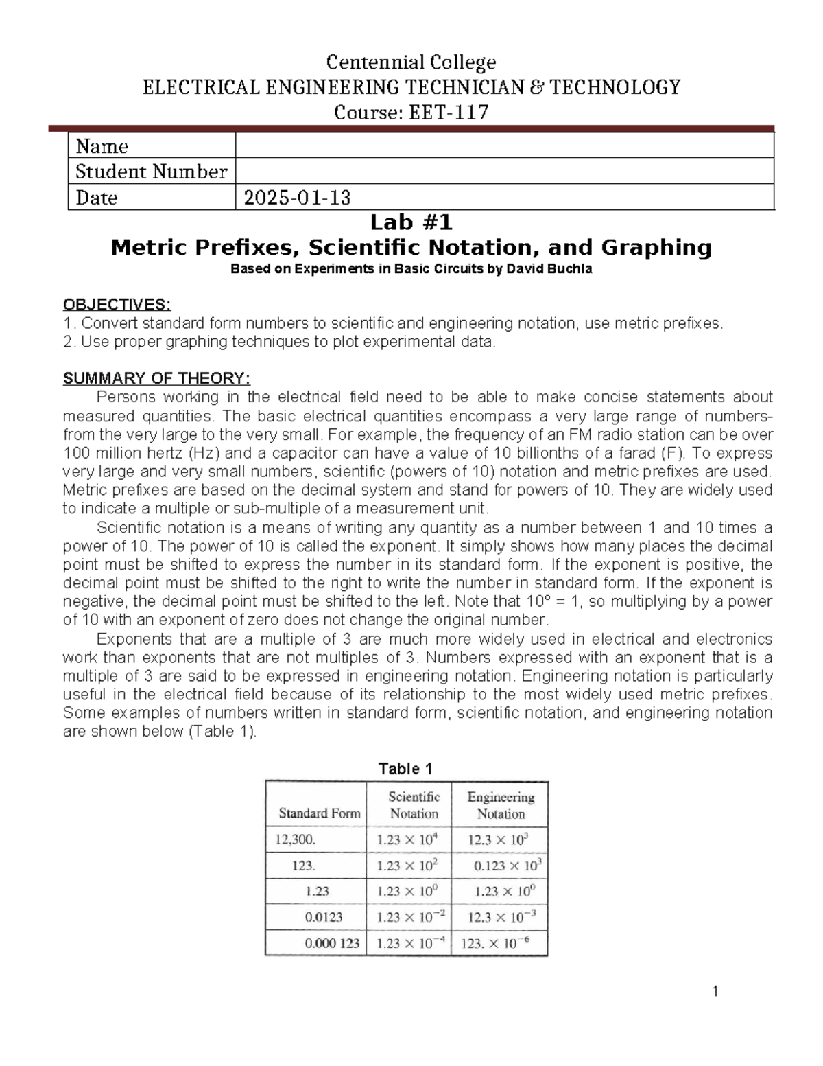 EET-117 LAB 1 24F - Lab 1 assignment - Centennial College ELECTRICAL ...