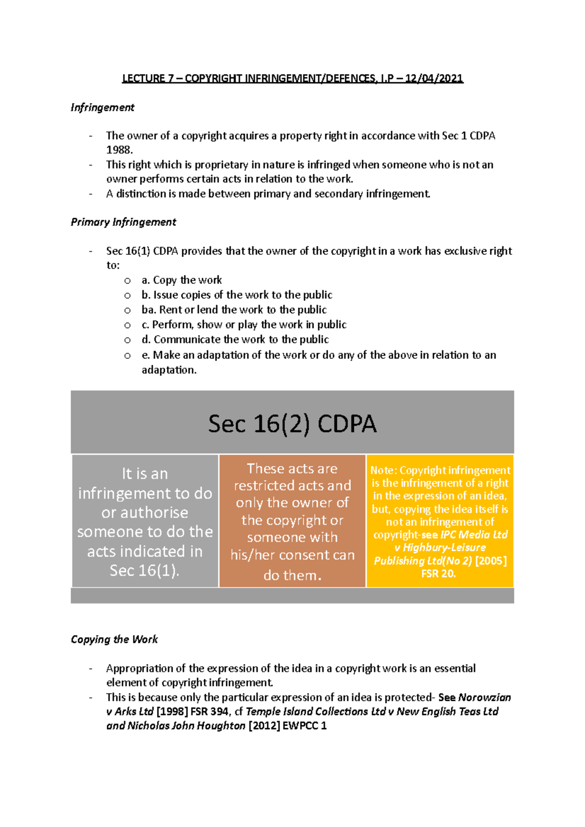 I.P Lecture Notes - Copyright Infringement Defences Overview - Studocu