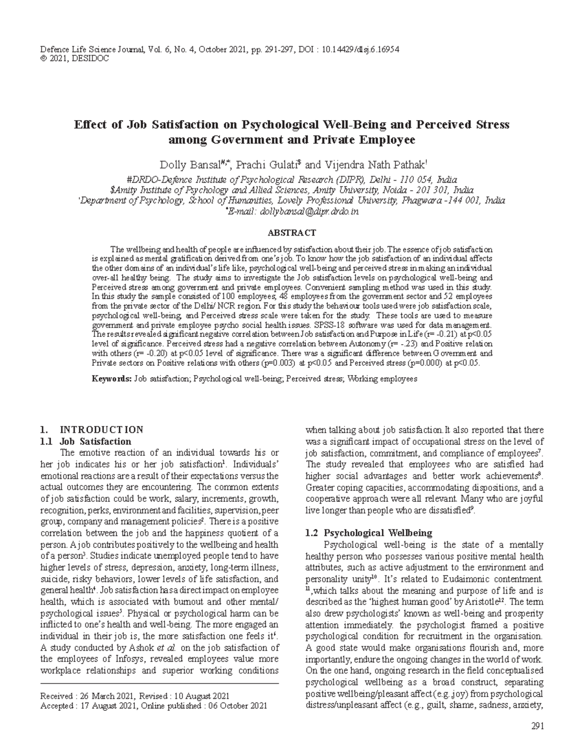Effect of Job Satisfaction on Psychological & Perceived Stress in ...