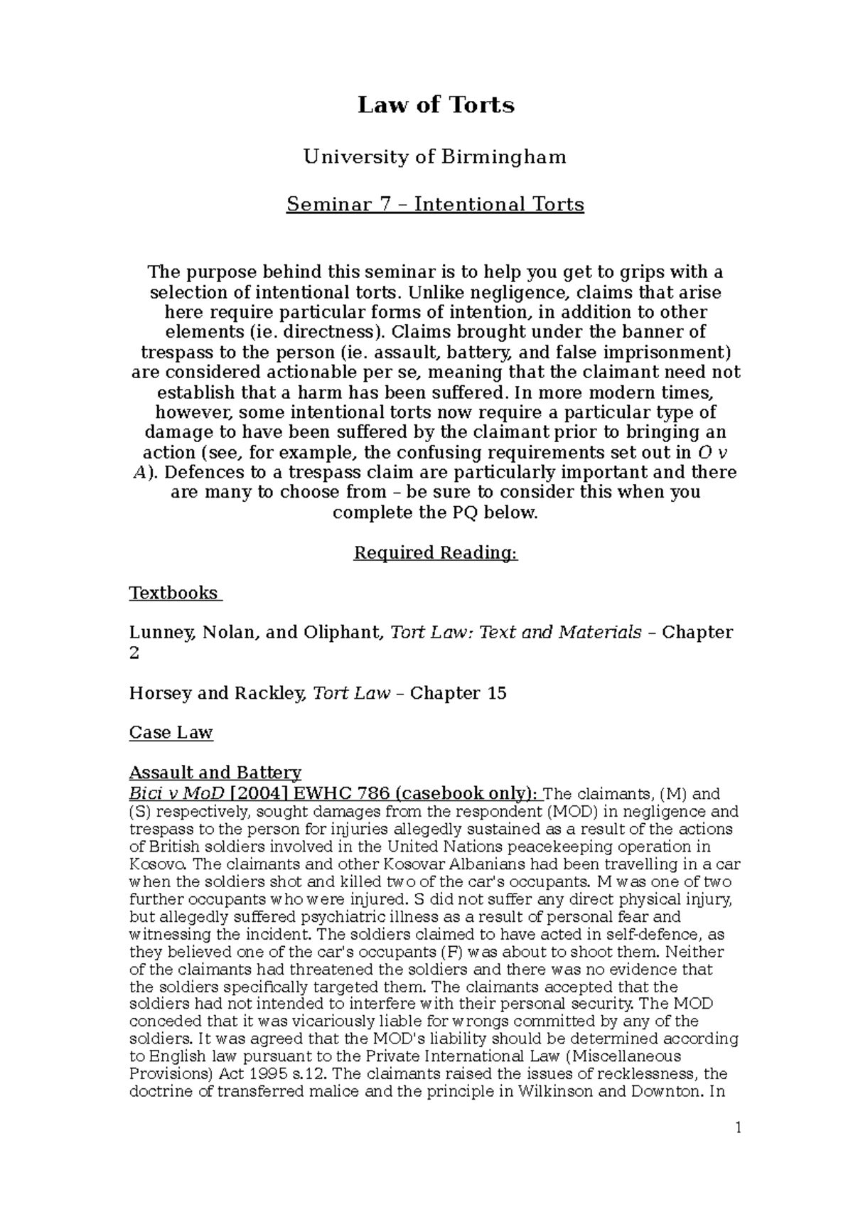 Seminar 7: Understanding Intentional Torts in the Law of Torts - Studocu