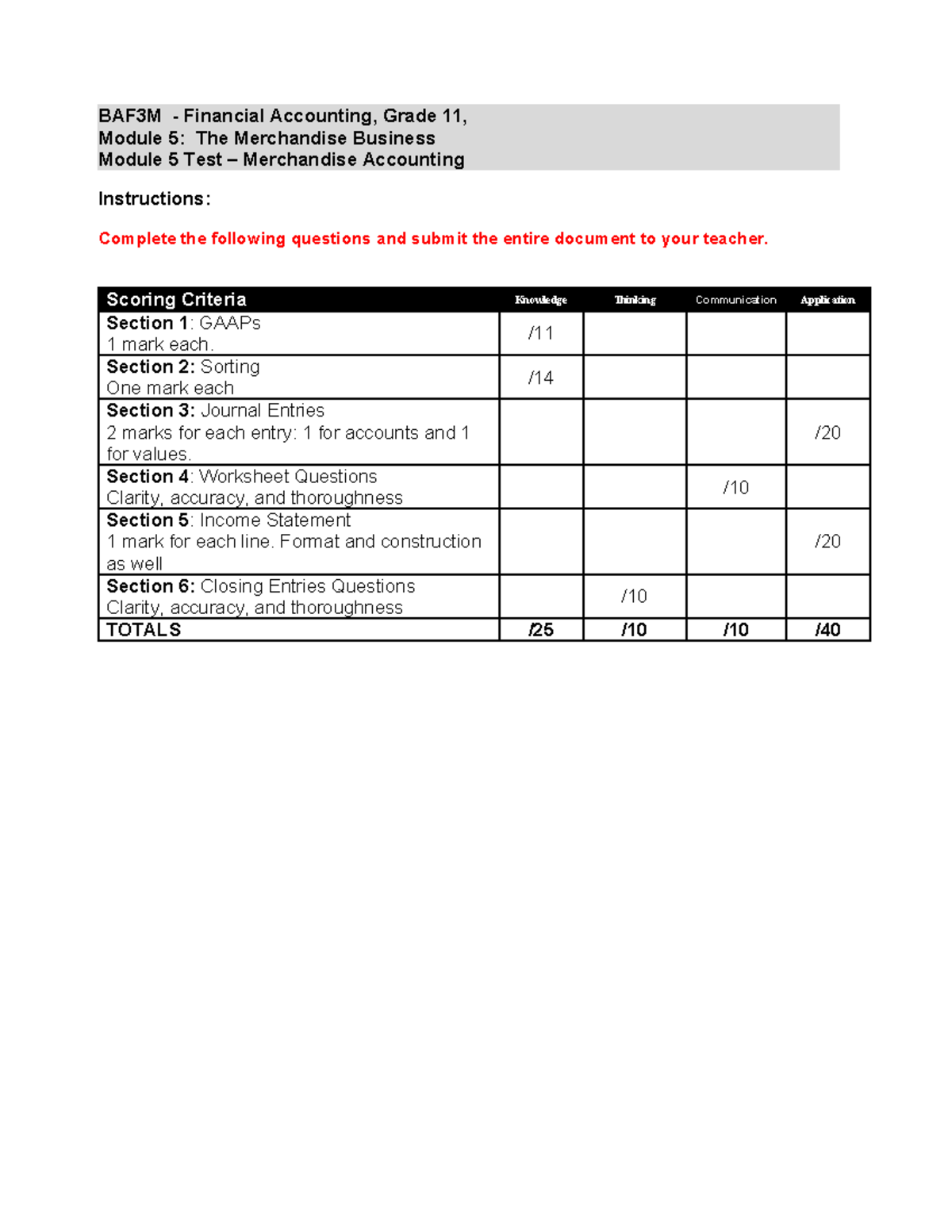 Module 5 Test - BAF3M Financial Accounting, Grade 11 - Studocu
