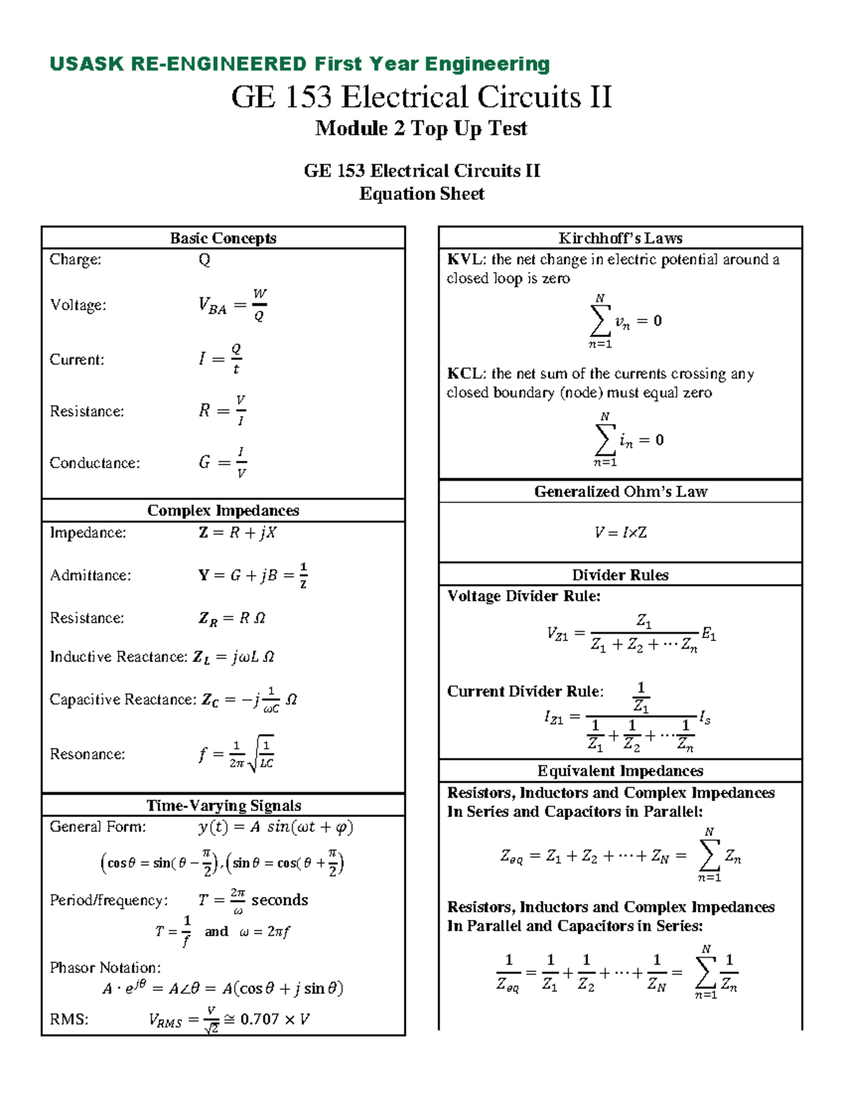 GE153 Electrical Circuits II Module 2 Top Up Test Solutions 2024 - Studocu