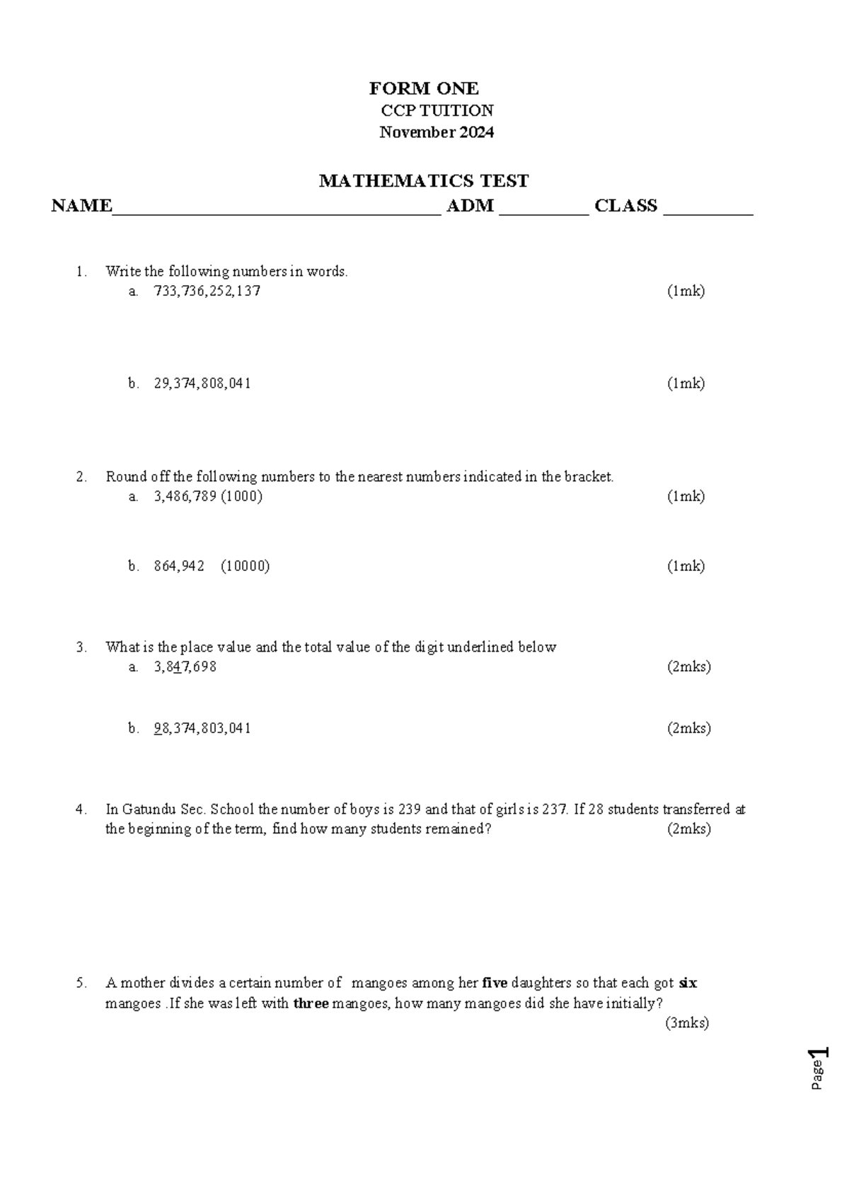 MATH TEST F1 - math test form 1 - 1 FORM ONE CCP TUITION November 2024 ...