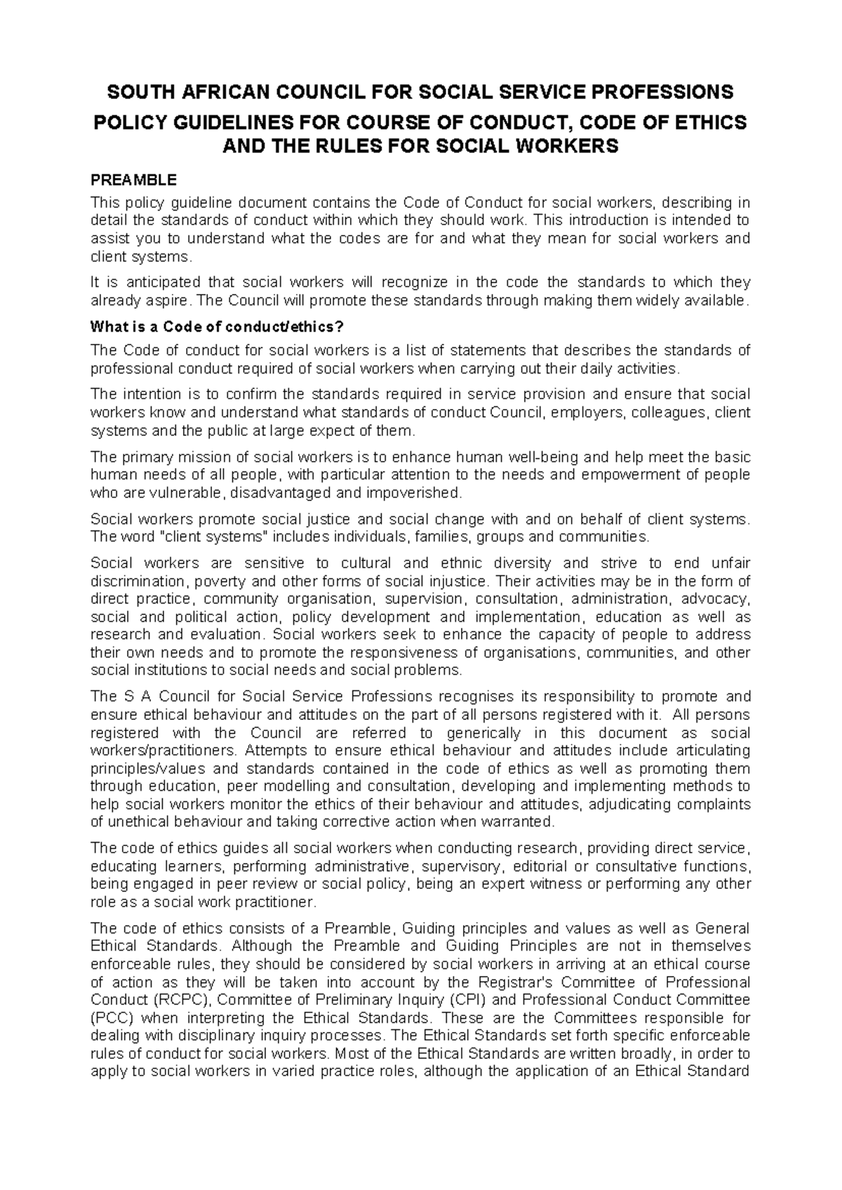 SACSSP Code of Ethics for Social Workers: Guidelines and Standards ...