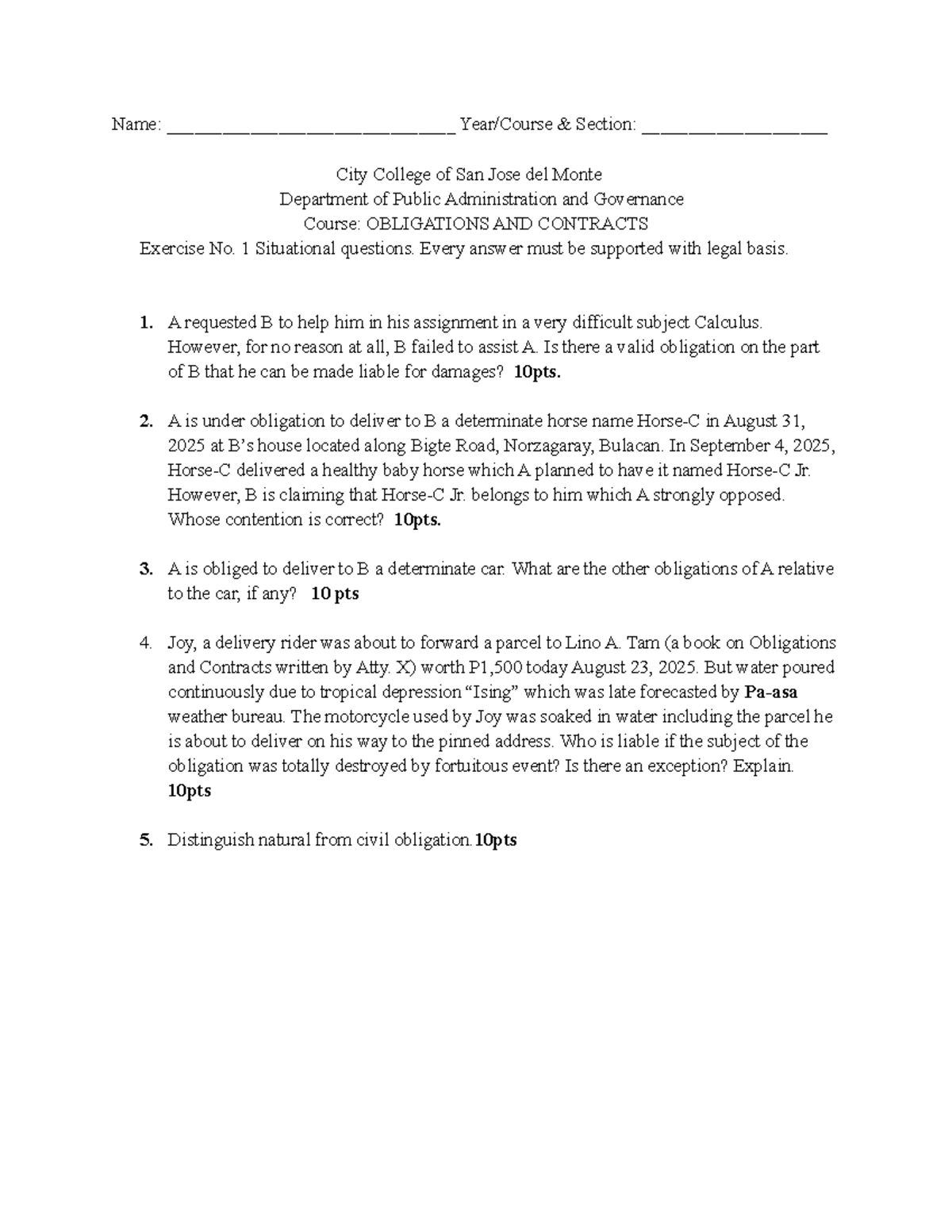 OBLIGATIONS AND CONTRACTS (OBLIG 101) Exercise No. 1 Situational ...
