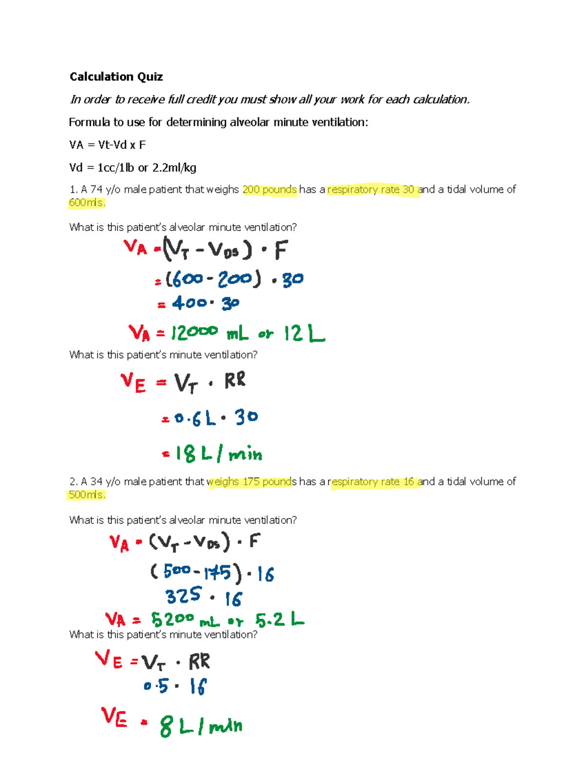 Calculation Quiz - Formula to use for determining alveolar minute 