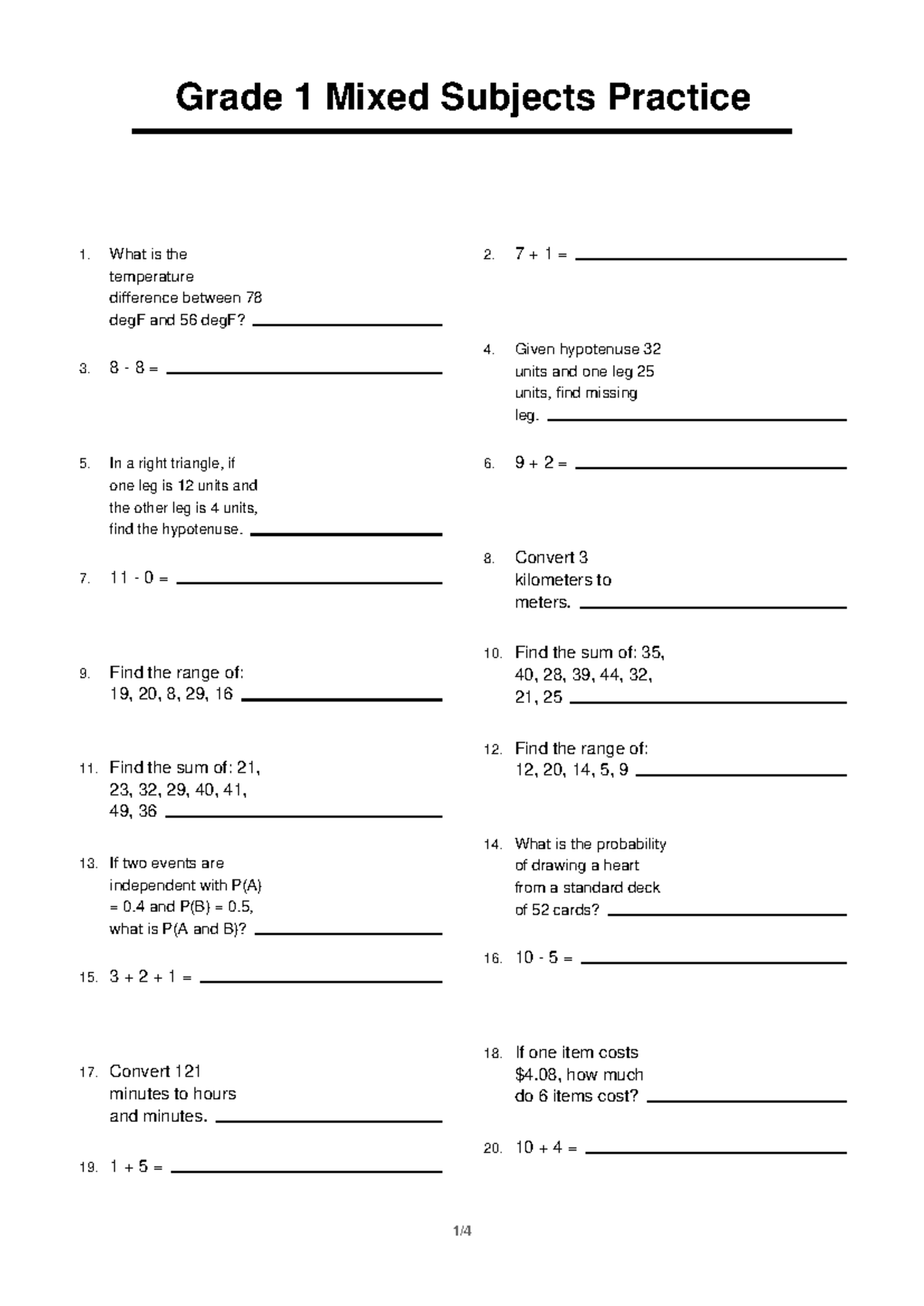 Grade 1 Math Practice: Mixed Subjects Exercises 1 - Studocu
