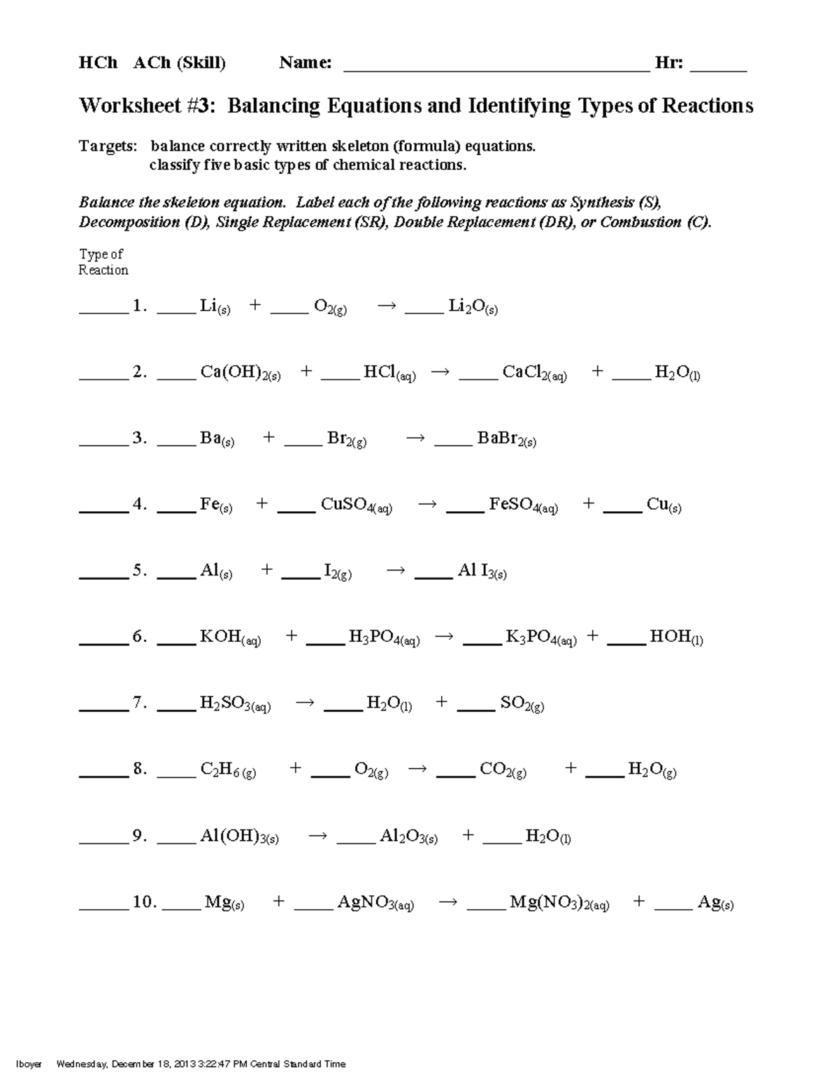 6 03 HW Worksheet 3 Types of Rxns chemistry for students - HCh ACh ...