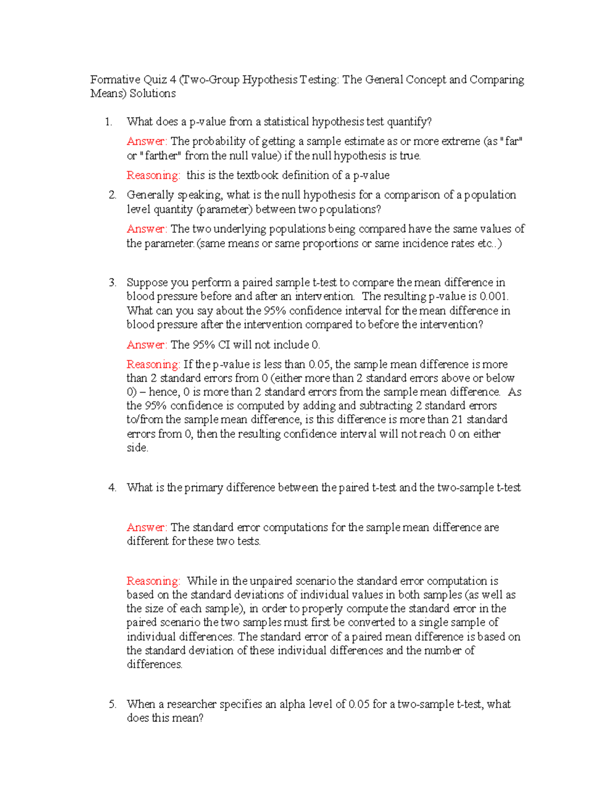 Formative Quiz 4 Solutions: Hypothesis Testing & Comparing Means - Studocu