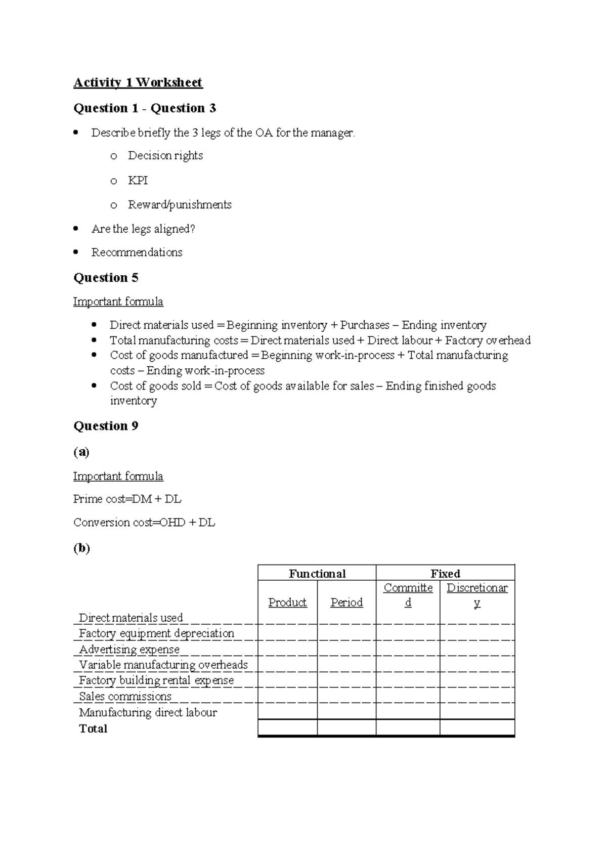 Activity 1 Worksheet: OA Managerial Concepts & Key Formulas - Studocu