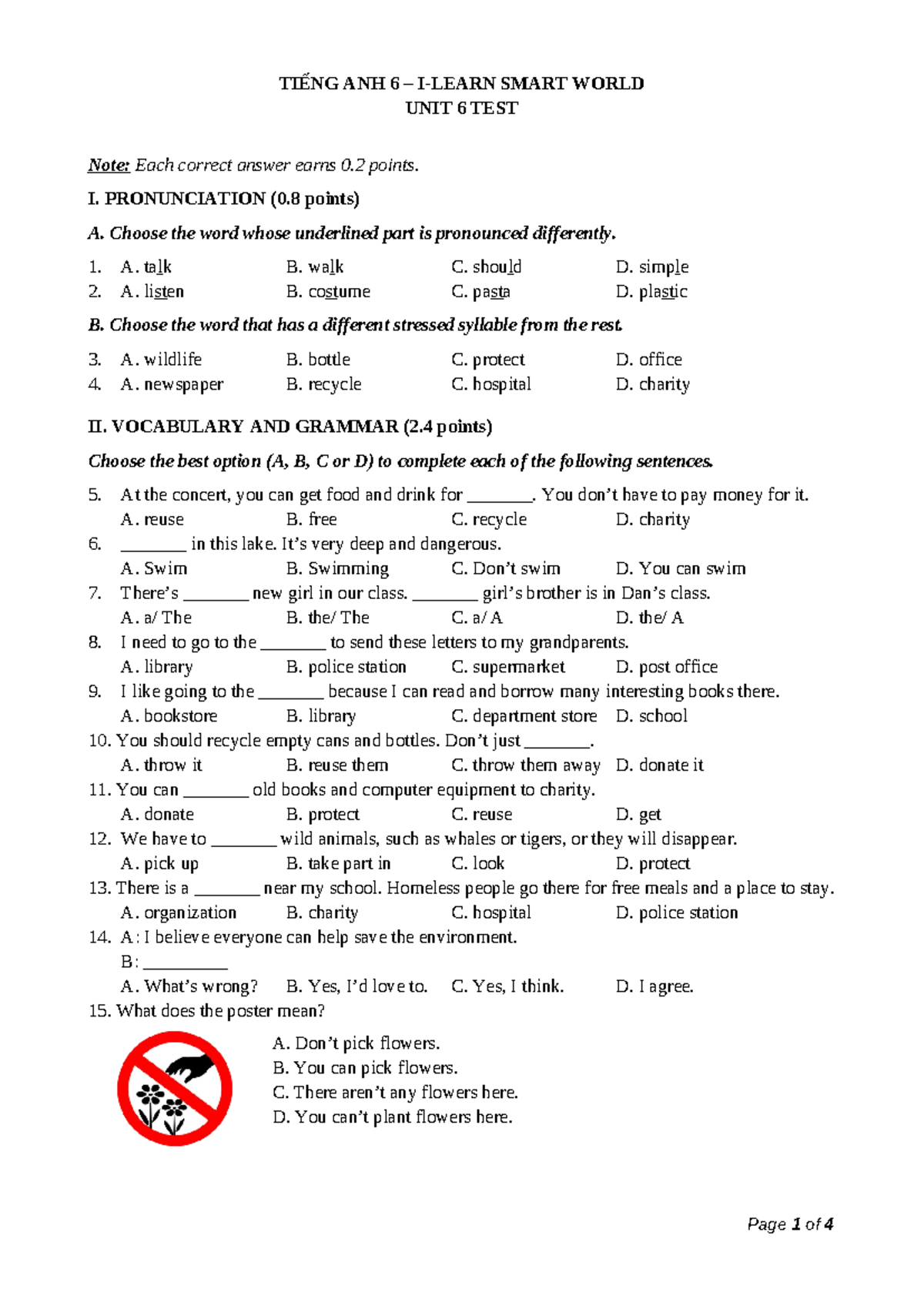 Tiếng Anh 6 - Smart World Unit 6 Test & Answer Key - Studocu