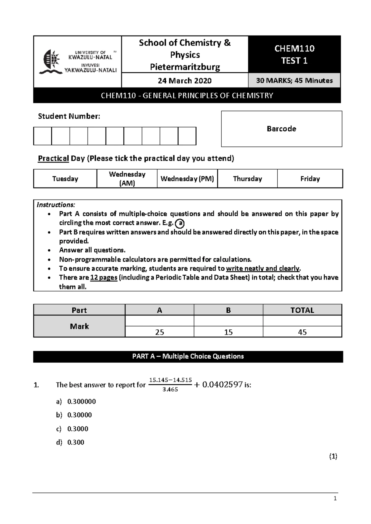 Chem 110 Course Outline - School of Chemistry and Physics, Westville ...