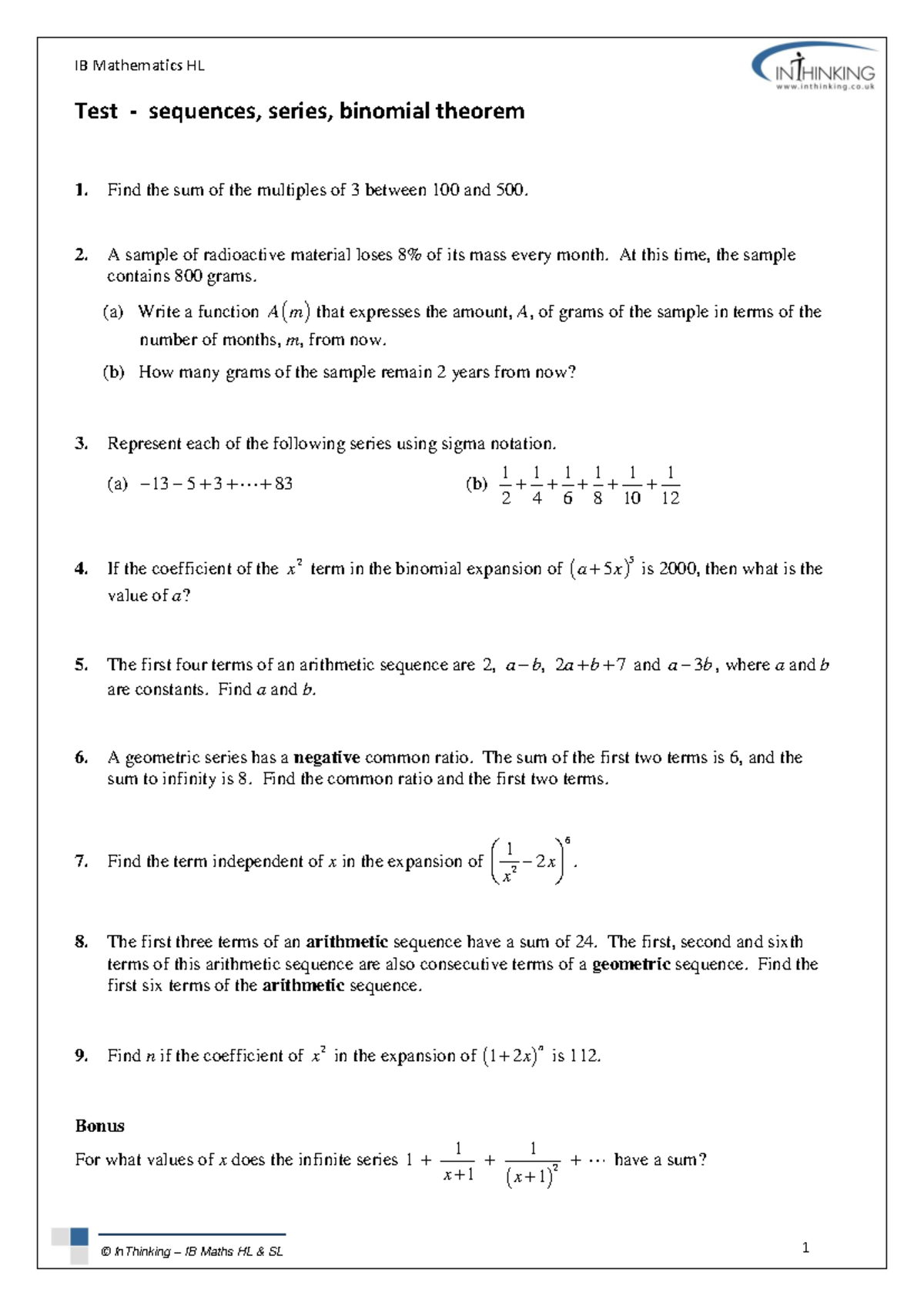 IB Mathematics HL Test: Sequences, Series & Binomial Theorem - Studocu