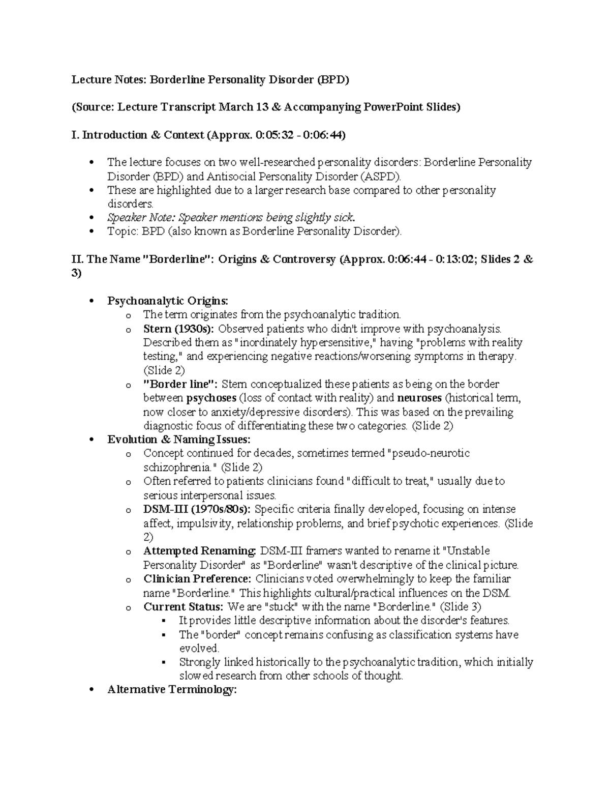 Lecture Notes: Borderline Personality Disorder (BPD) - PSYC 337 - Studocu