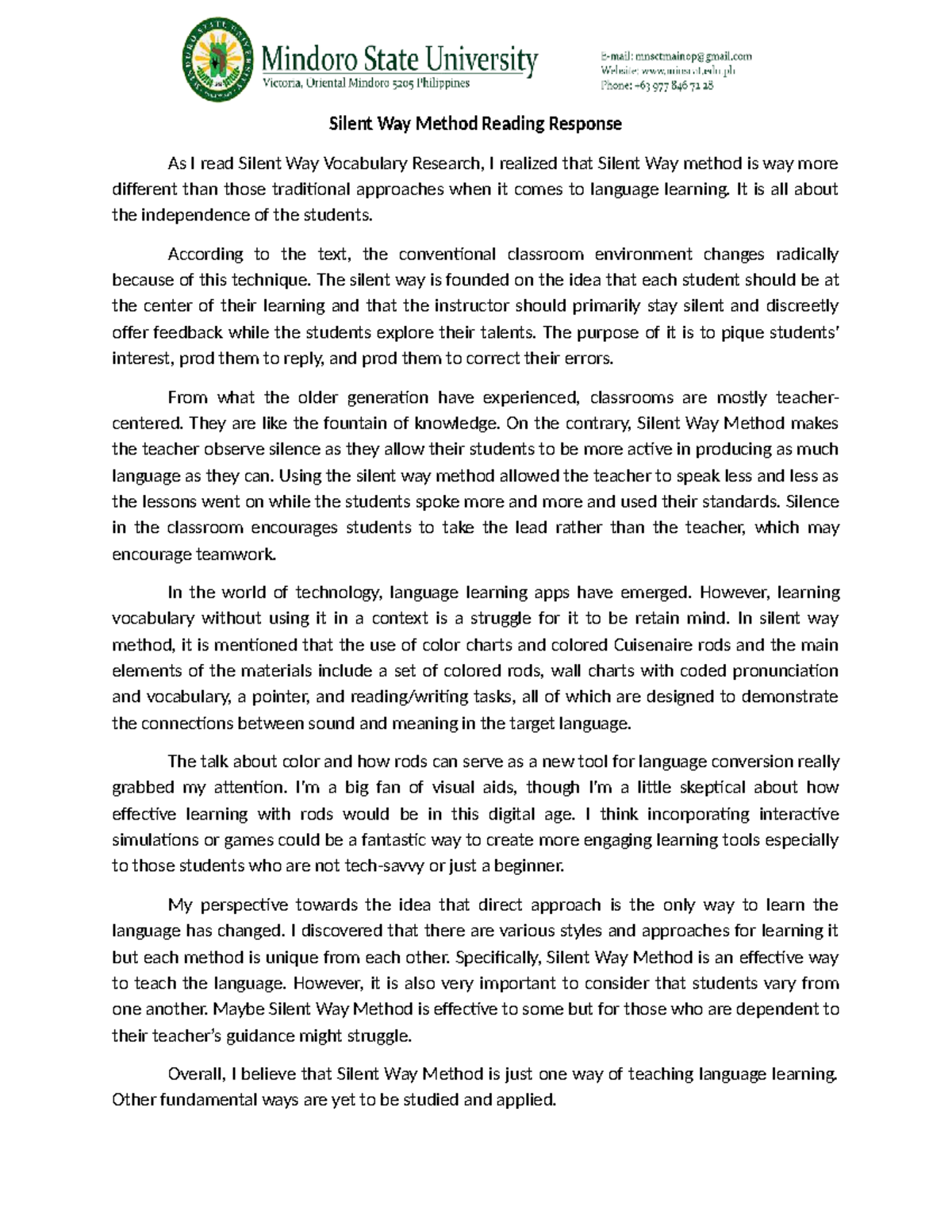 Silent Way Method: A Reading Response Analysis - Studocu