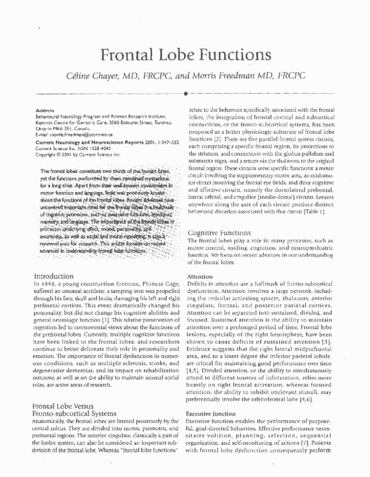 Frontal Lobe Functions: Insights into Cognitive and Behavioral ...