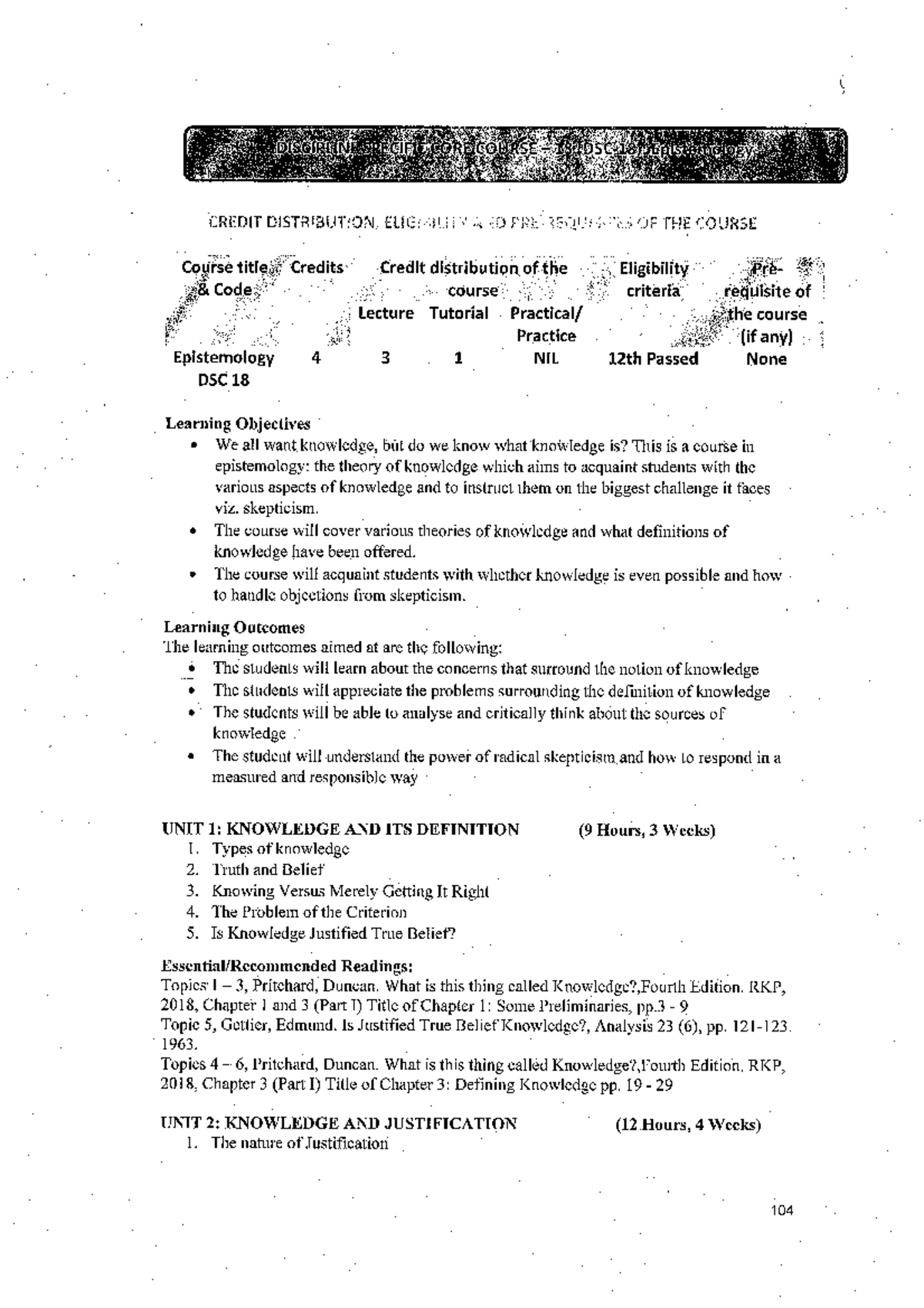 Epistemology 3: Lecture Tutorial Syllabus and Learning Outcomes - Studocu