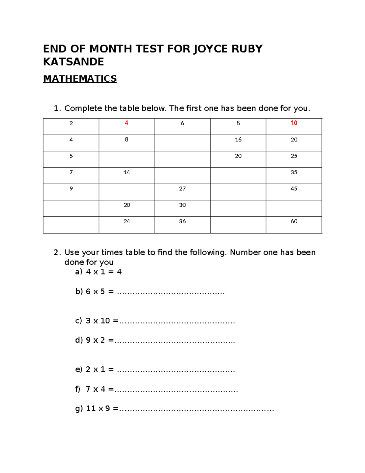 MATHEMATICS 1 END OF MONTH TEST FOR RUBY - Studocu