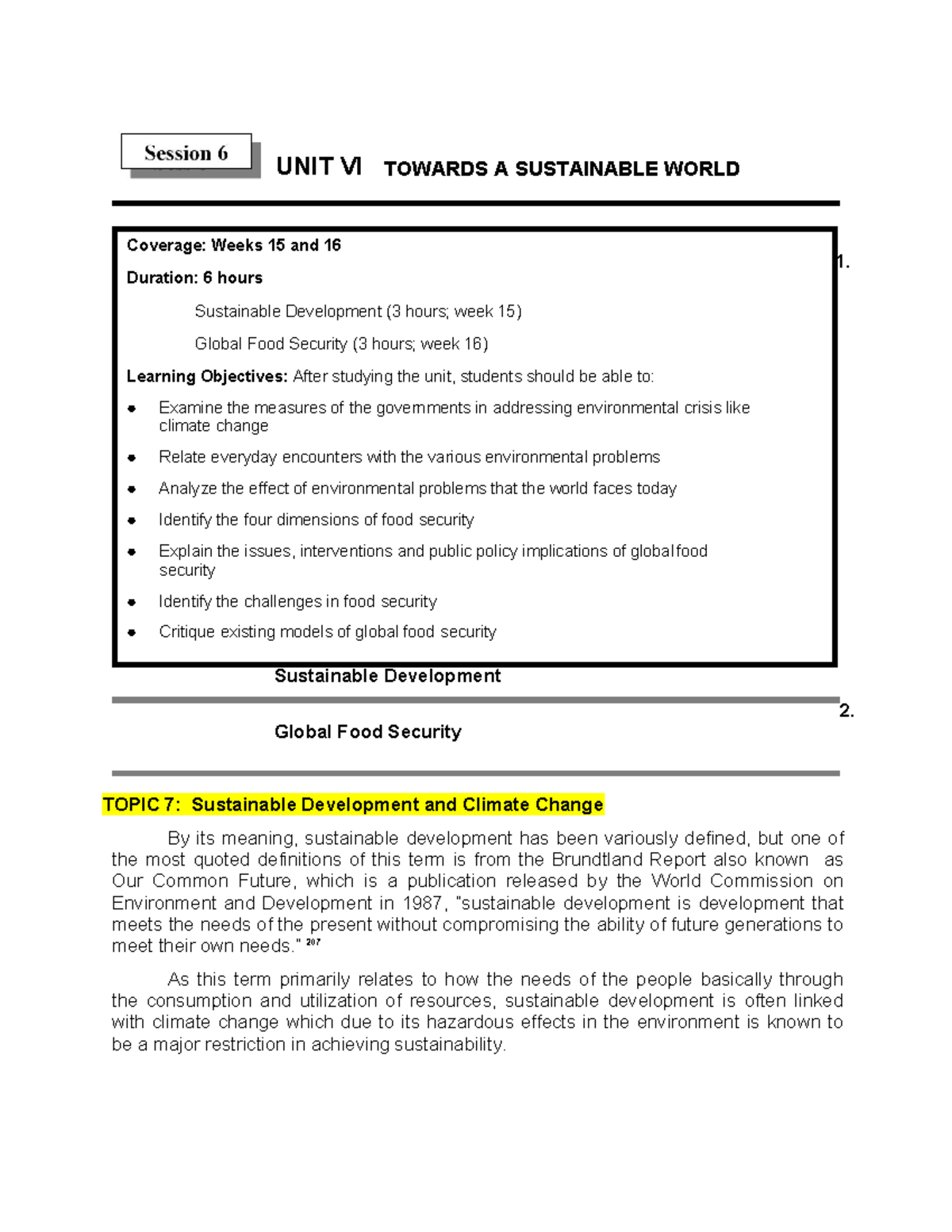 Unit Vi Towards A Sustainable World Coverage Weeks 15 And 16