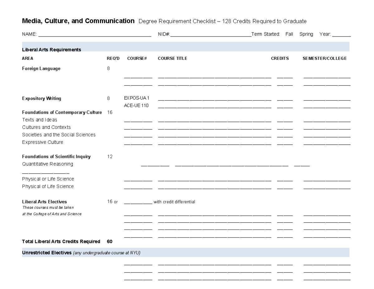 MCC 2019-20 Media, Culture, and Communication Degree Checklist - Studocu