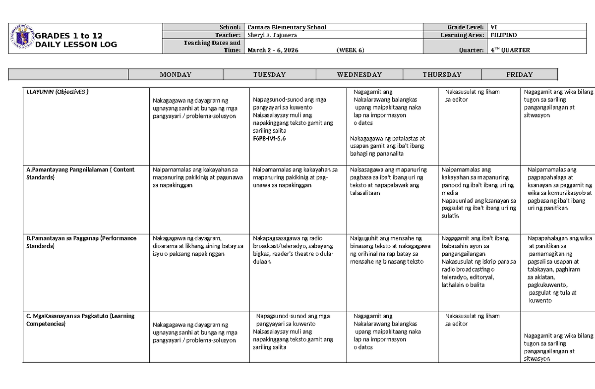 DLL Filipino-6 Q4 W6: Daily Lesson Log for Grade 6 Filipino - Studocu