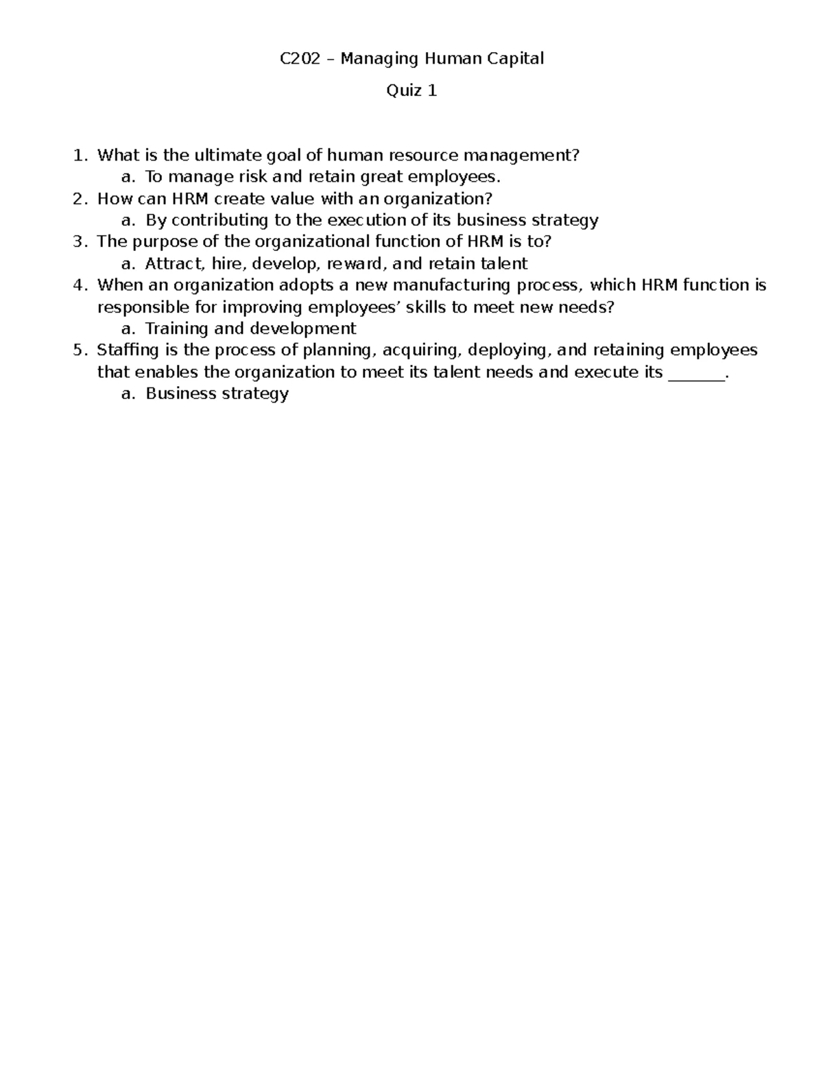 C202 Managing Human Capital Quiz 1: Chapter 1 Practice Exam - Studocu
