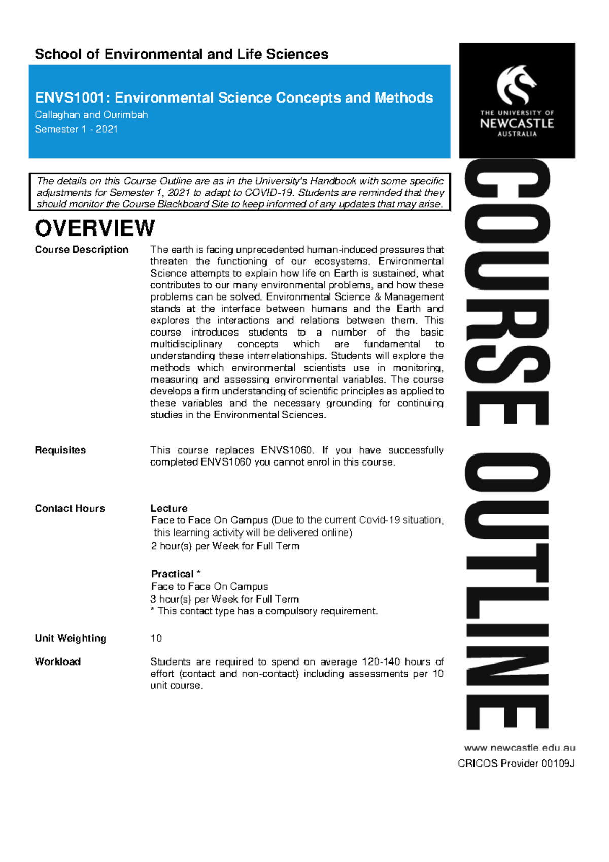 ENVS1001 Course Outline: Environmental Science Concepts & Methods - Studocu