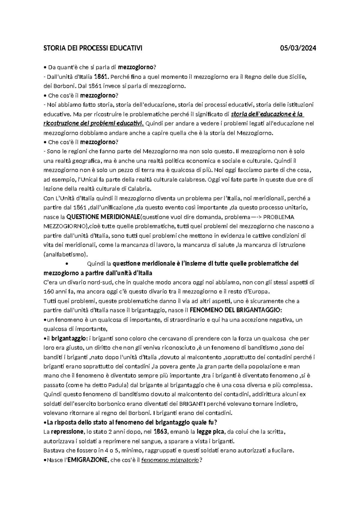 STORIA DEI PROCESSI EDUCATIVI: LA QUESTIONE MERIDIONALE E IL ...