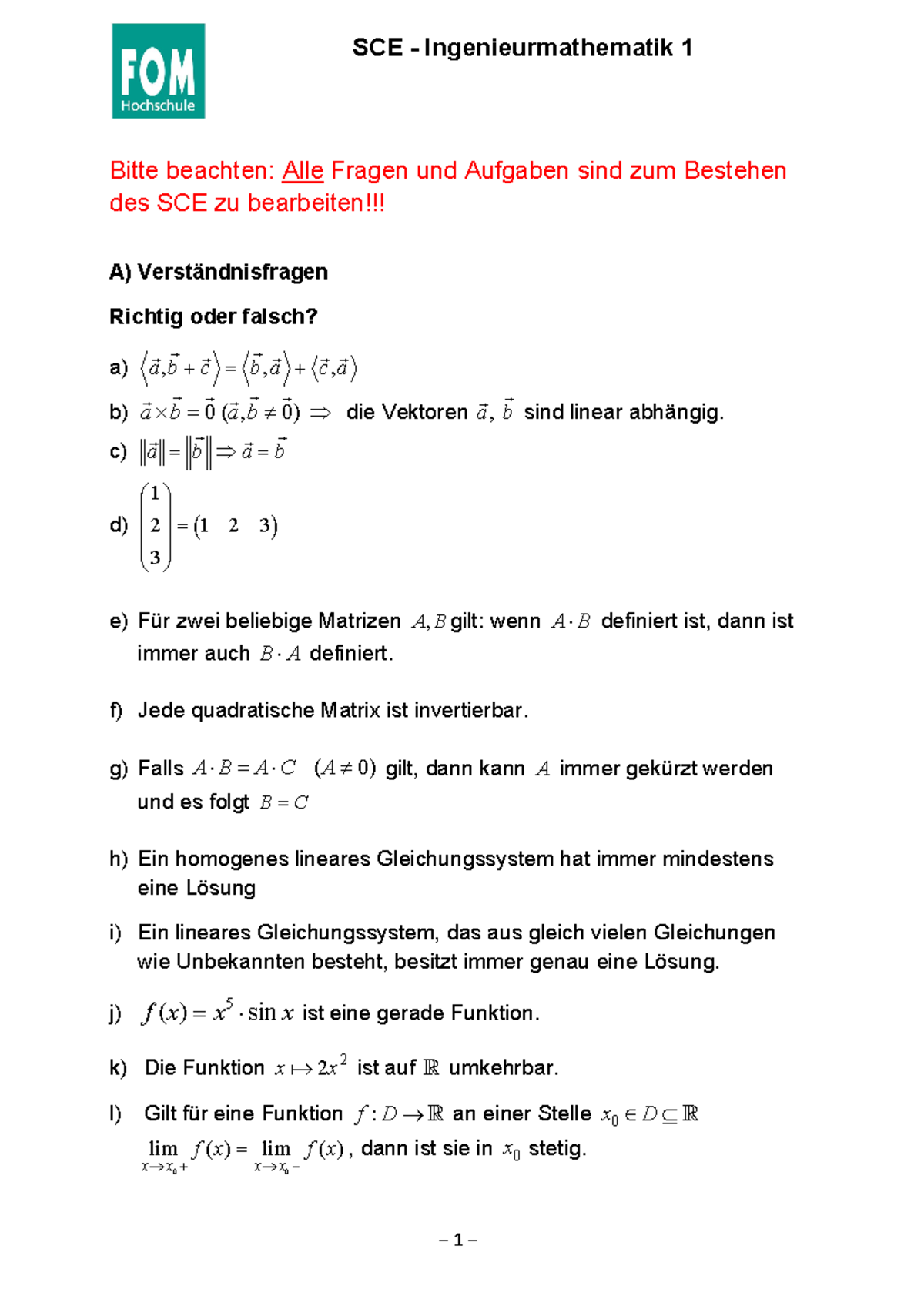 SCE Ing Math 1 - SCE - Ingenieurmathematik 1 Bitte beachten: Alle ...