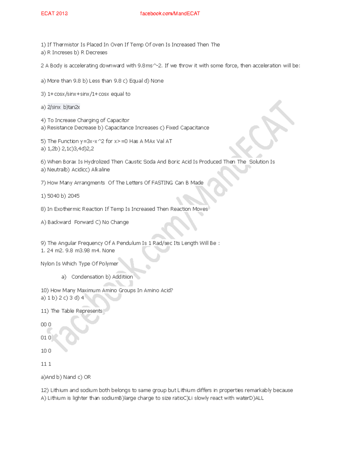 ECAT 2013 - Comprehensive Test Questions and Answers - Studocu