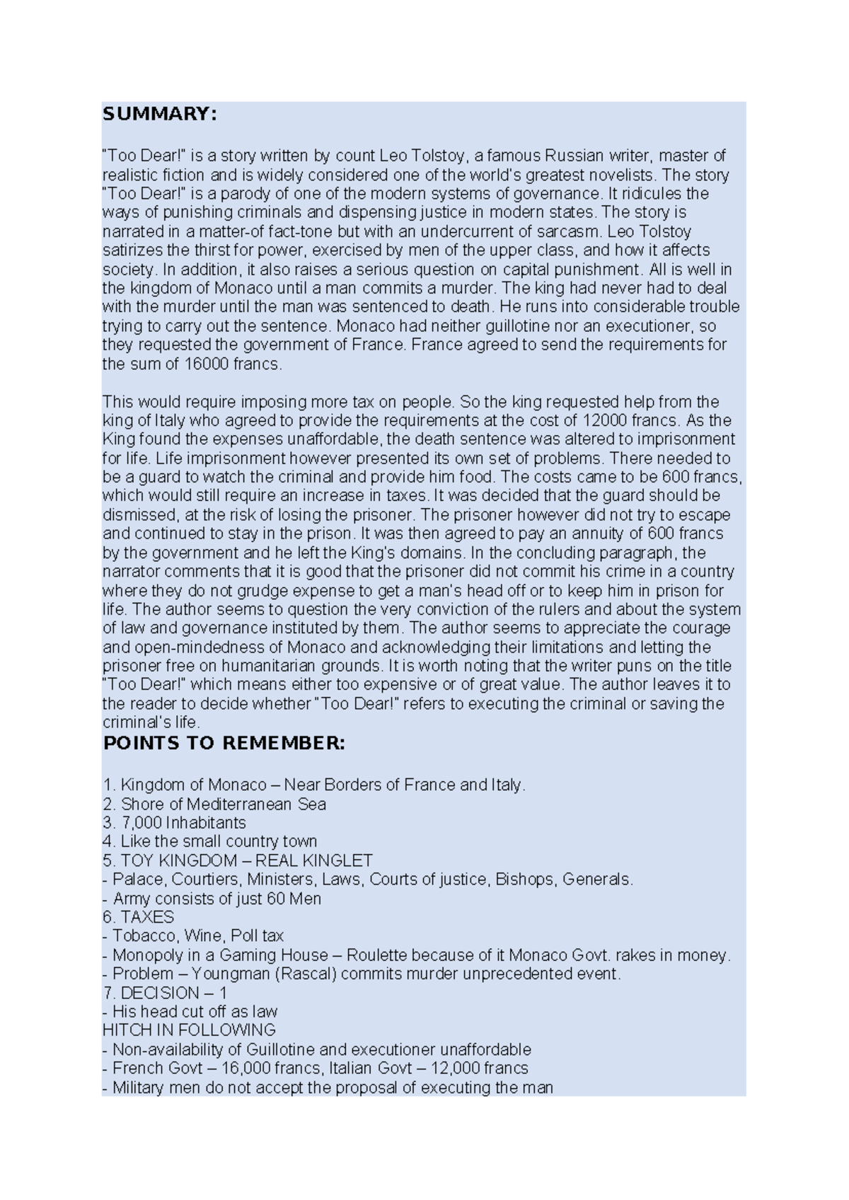 Chapter 2: Too Dear! - Detailed Notes on Tolstoy's Parody - Studocu