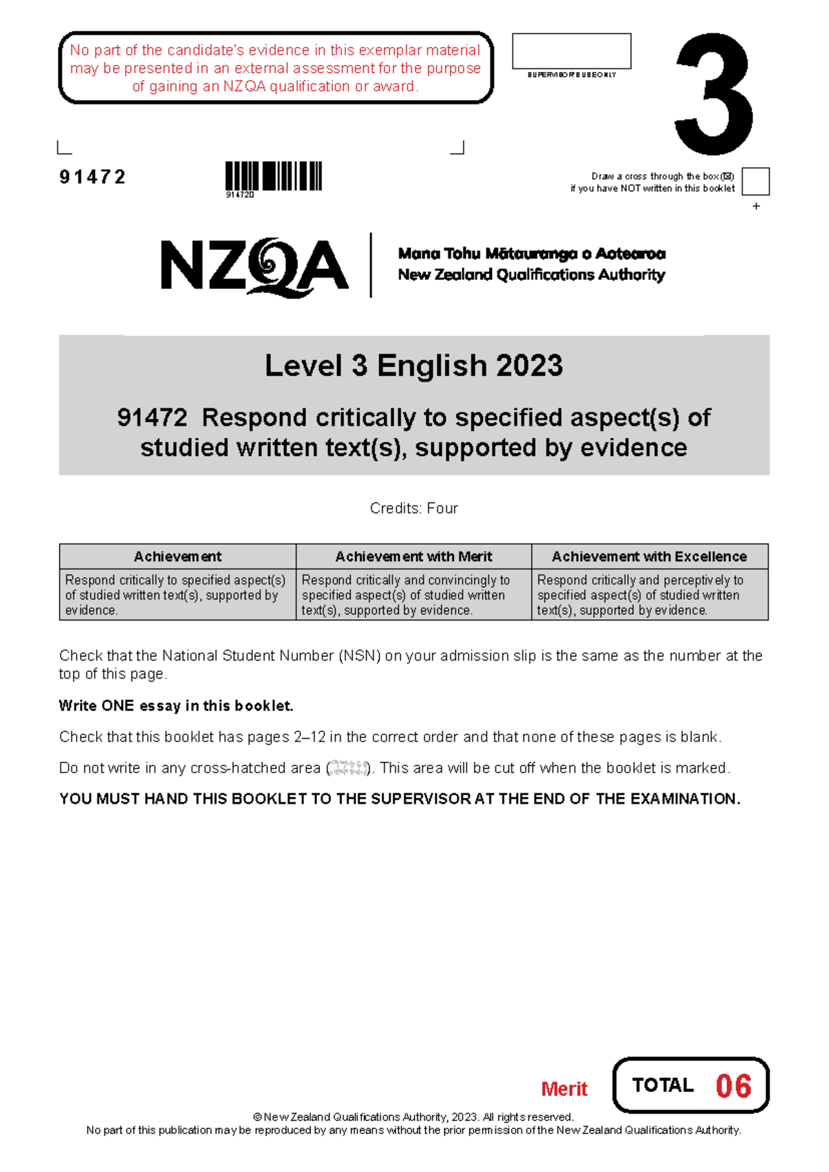 91472 Level 3 English 2023 Exam Merit Responses and Guidelines - Studocu