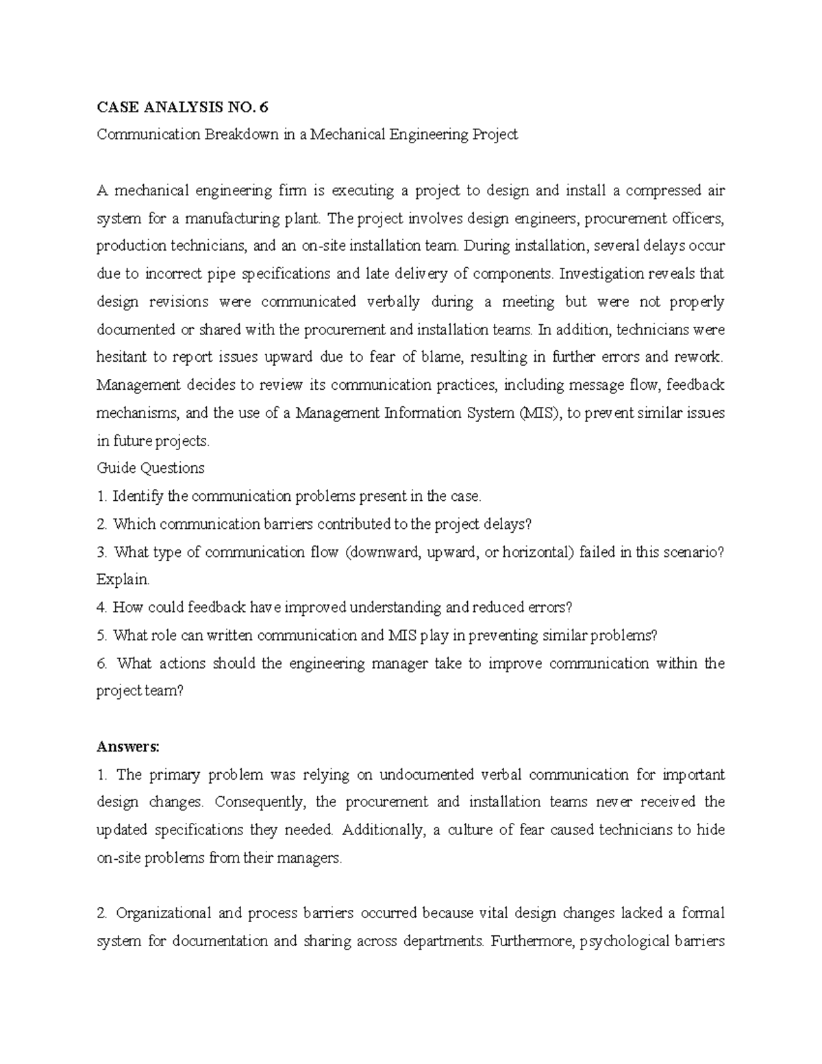 CASE ANALYSIS NO. 6: Communication Breakdown in Engineering Projects ...