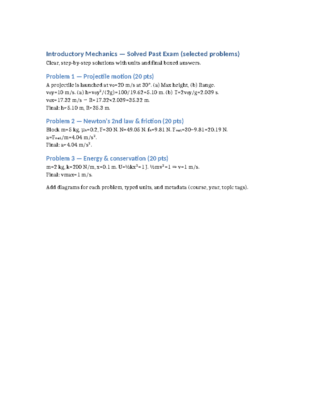 Mechanics Solved Past Exam - Introductory Mechanics — Solved Past Exam ...
