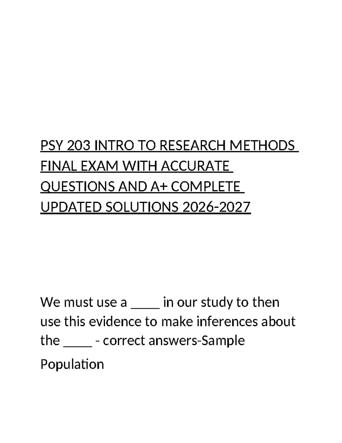 PSY 203 Intro to Research Methods Final Exam A+ Solutions 2026-2027 ...