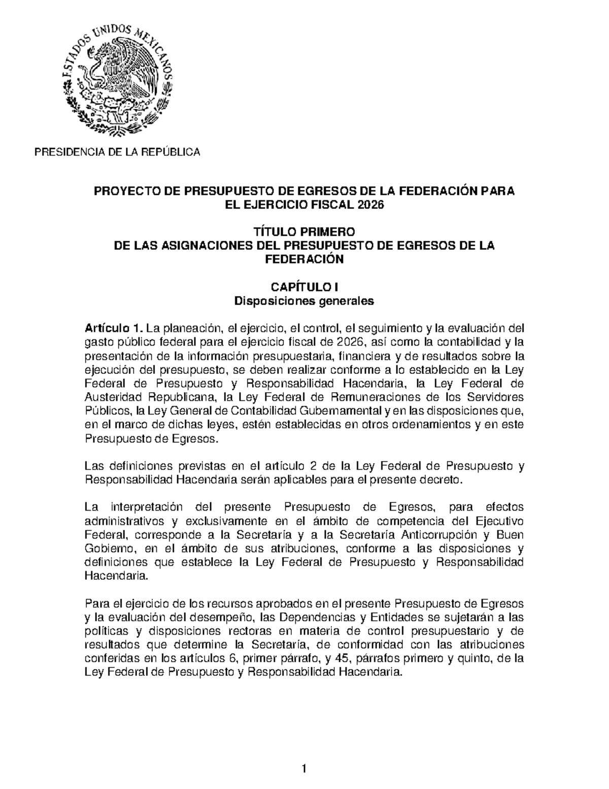 Presupuesto de Egresos de la Federación 2026 - Proyecto de Decreto ...
