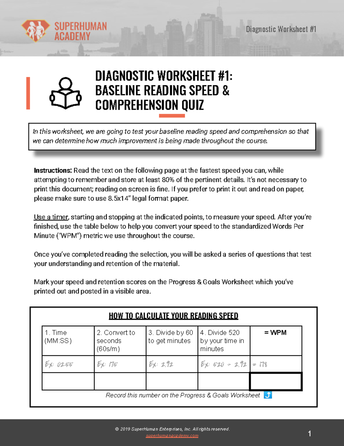 Diagnostic Worksheet 1: Baseline Reading Speed & Comprehension Test ...
