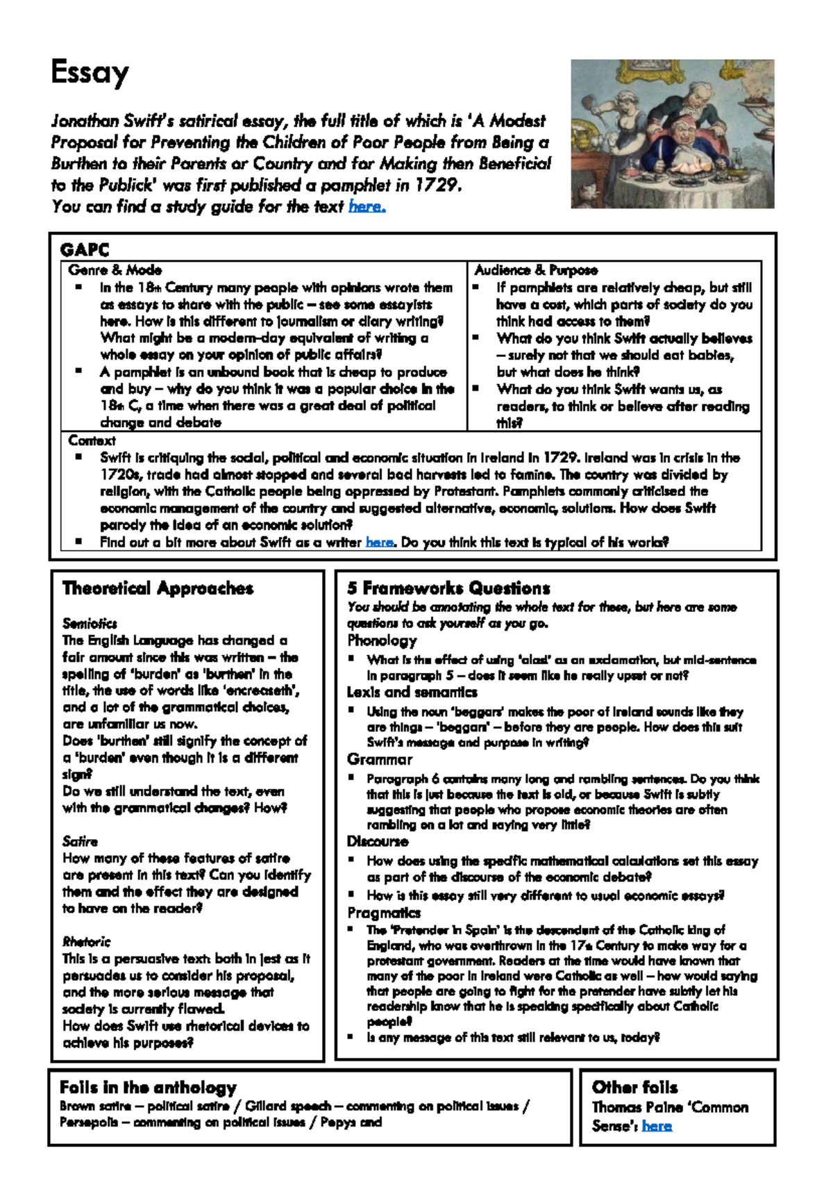 Modest Proposal Study Guide - OCR Level 3 English Lit & Lang - Studocu