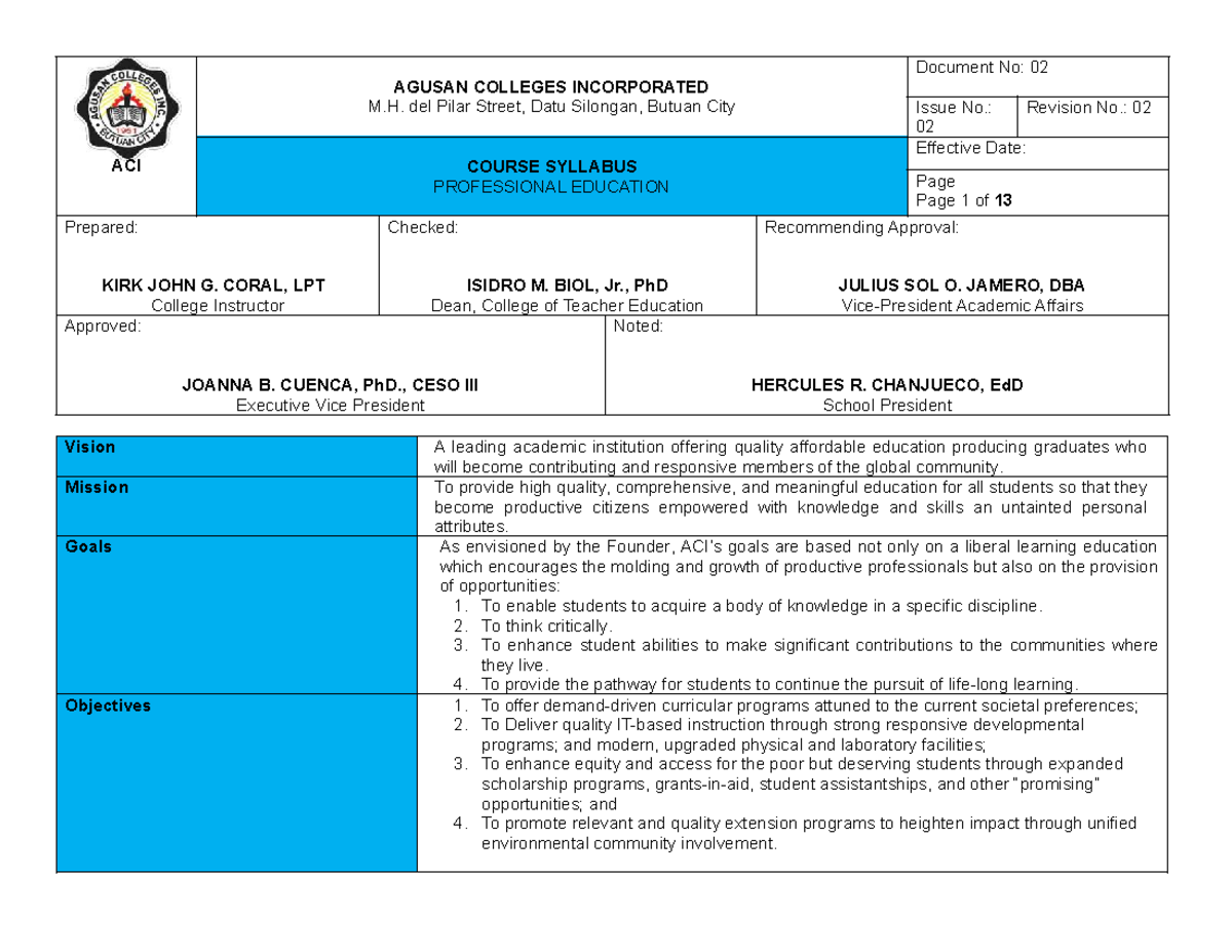 PEDU301 - Course Syllabus for Assessment in Learning 1 - Studocu
