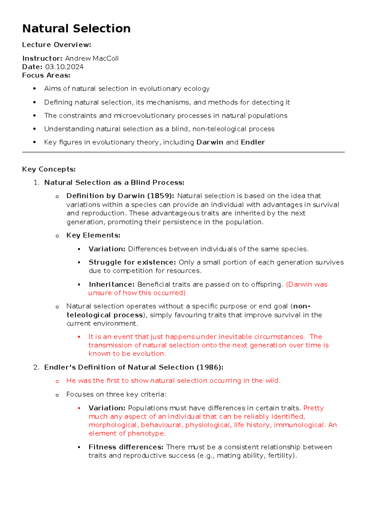 Natural Selection Lecture Overview (Course Code: 1.1) - Studocu