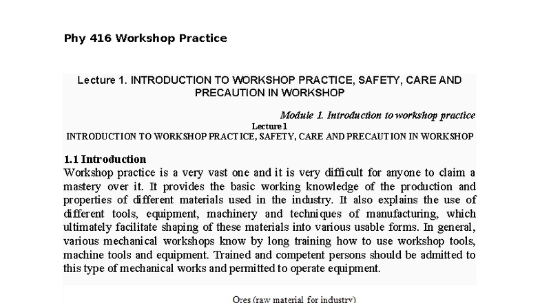 Phy 416 Workshop Practice Lecture 1: Intro to Safety & Tools - Studocu