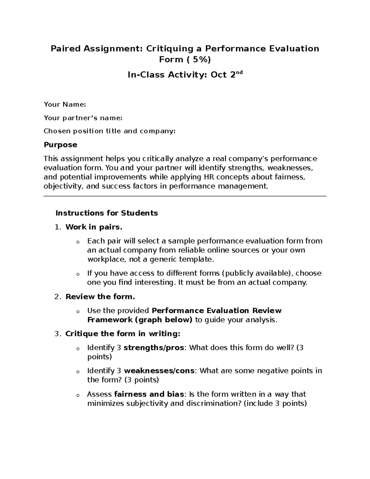Paired Assignment: Critique of Performance Evaluation Form (HR 101 ...