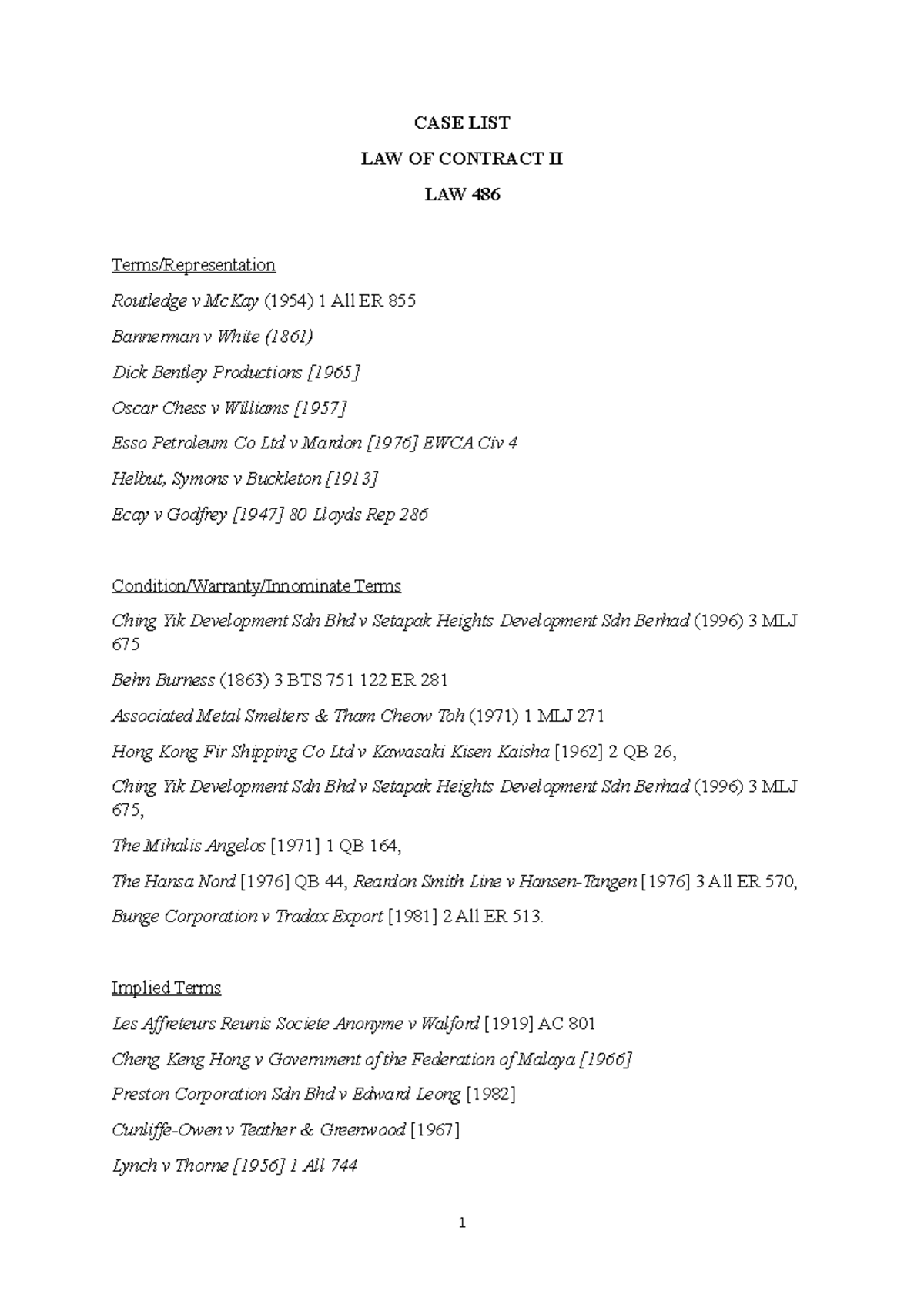 LAW 486 Contract II Case List: Key Cases and Legal Principles - Studocu