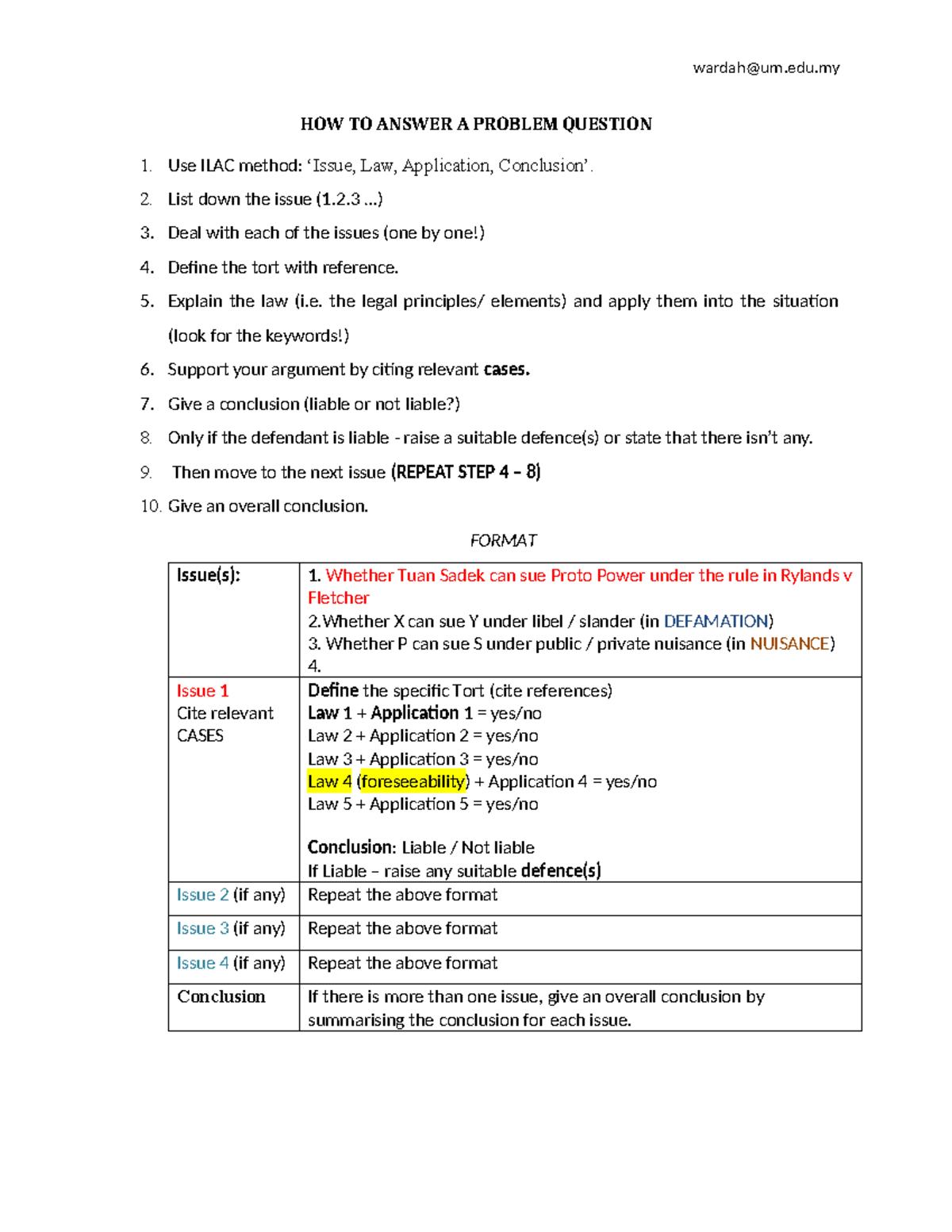 ILAC Method for Answering Problem Questions in Tort Law - Studocu