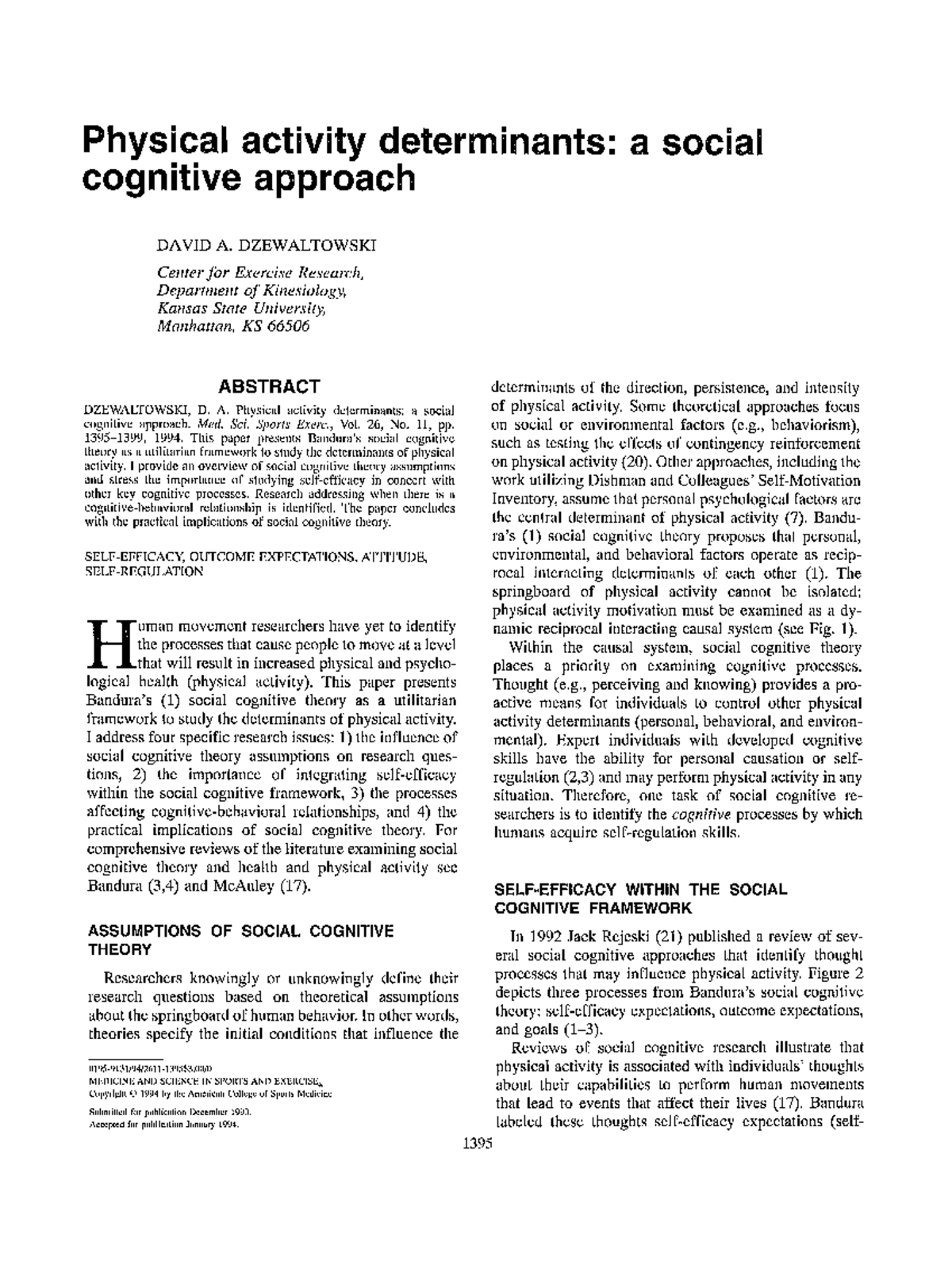 KINES 494: Social Cognitive Theory in Physical Activity Determinants ...