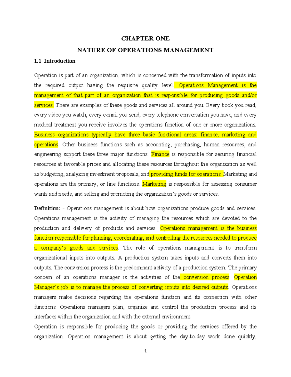 OM Ch-1 (1) - GOURD - CHAPTER ONE NATURE OF OPERATIONS MANAGEMENT 1 ...
