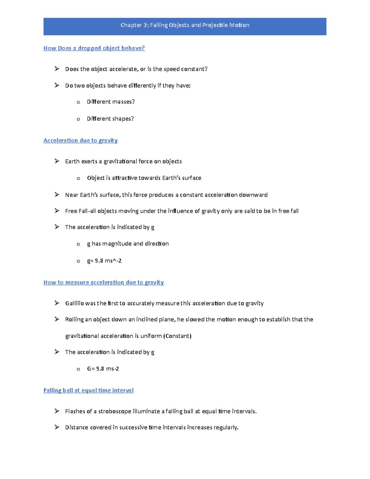 Chapter 3 - Falling Objects & Projectile Motion: Key Concepts ...