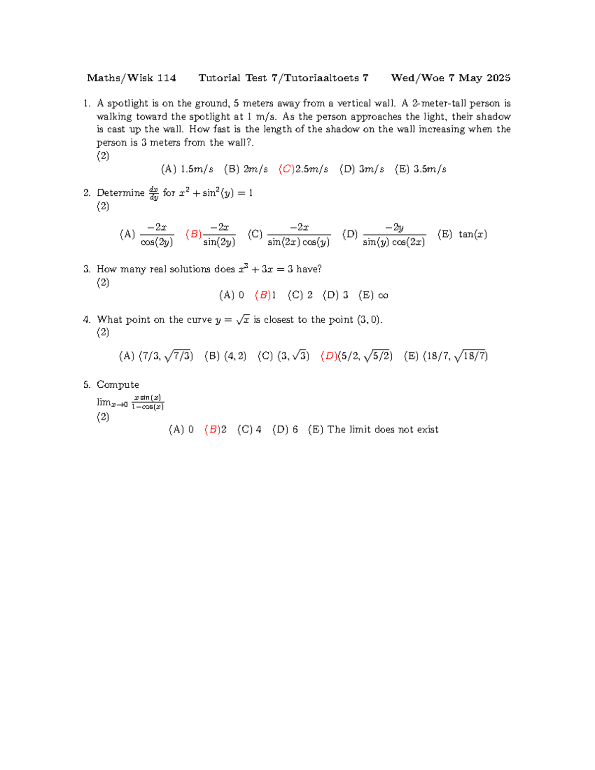 114 Tutorial Test 7 Solutions - May 7, 2025 - Studocu