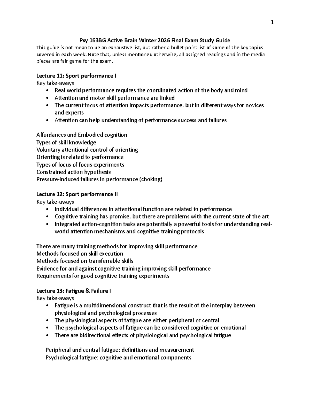 Psy 163BG Active Brain Winter 2026 Final Exam Study Guide - Studocu