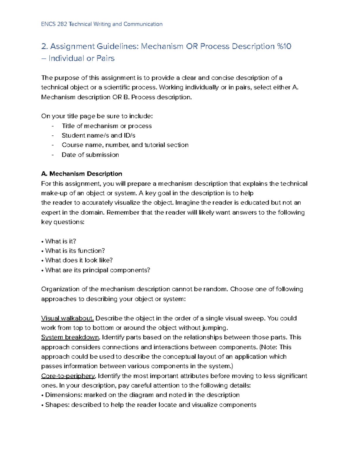 ENCS 282 Mechanism or Process Description Assignment Guidelines - Studocu